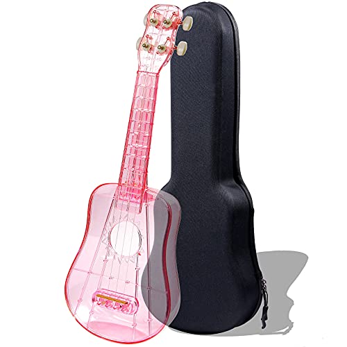 TienClef 21 Inch Concert Soprano Ukuleles for Beginners with Gig Bag Carbon String Integrated Molding Transparent Ukalalee Set for Kids Adults Starter (Pink)