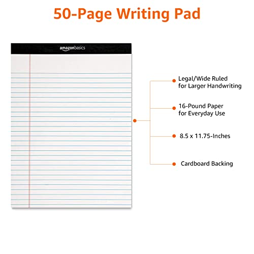 50-Sheet Legal Note Pad, Wide Ruled, 8.5 x 11.75 Inches, White - Pack of 12