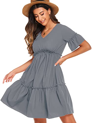 Women's Summer A Line Babydoll Mini Dress V-Neck Ruffle Flowy Casual Dresses