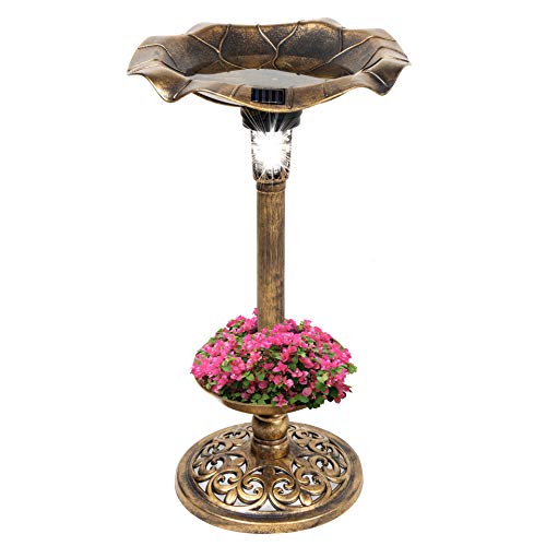 Outdoor Solar Lighted Pedestal Bird Bath Fountain Decoration w/Planter