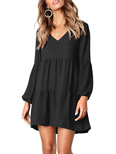 Women's Deep V Neck Loose Shift Pleated Tunic Dress Long Sleeves Black S