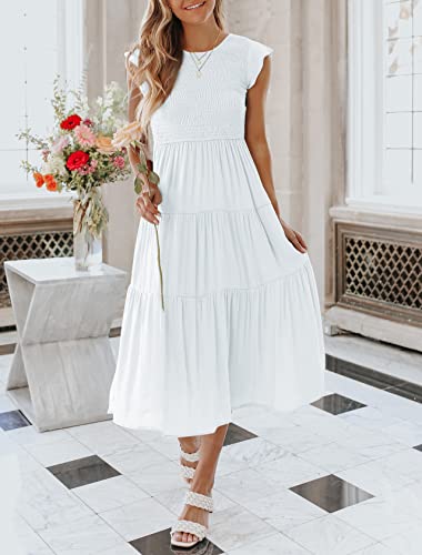 Women's Casual Short Sleeve Elastic Waist Tiered Midi Dress