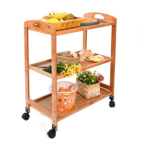3-Tier Bamboo Kitchen Serving Cart Rolling Utility Storage Organizer Kitchen Trolley