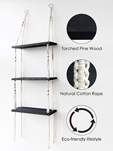 Hanging Shelves, Wooden Wall Shelf with Woven Rope, Black Floating Shelves Storage Organizer