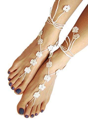 Flower Barefoot Sandals, Boho Beach Wedding Shoes, Women Foot Jewelry,Gift (White)