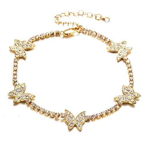 Butterfly Anklet Bracelet for Women Teen Girls, Real Gold Plated