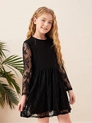 Girl's Floral Lace Panel Long Mesh Sleeve Round Neck Keyhole Back Formal Flared A Line