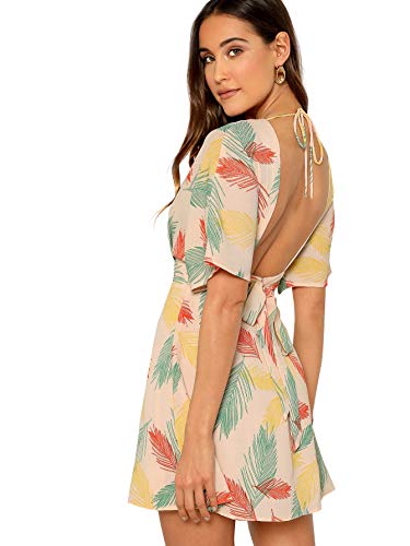 Women's Deep V Neck Tie Open Back Tropical Short Dress