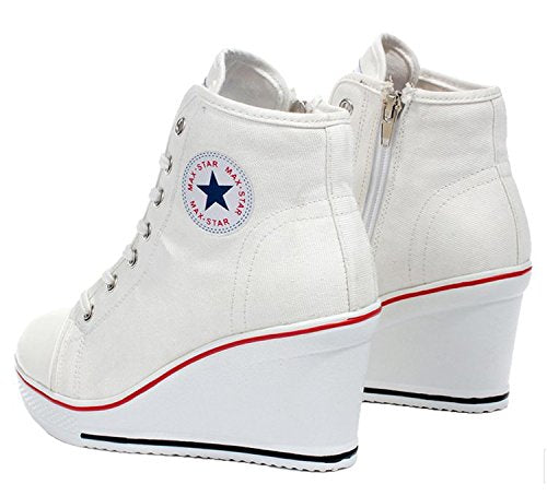 Women's Sneaker High-Heeled Fashion Canvas Shoes High Pump Lace UP Wedges Side Zipper Shoes (8.5 US, White)