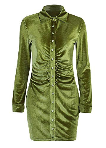 Ruched Front Velvet Shirt Dress for Women Long Sleeve Button Down Bodycon Dresses