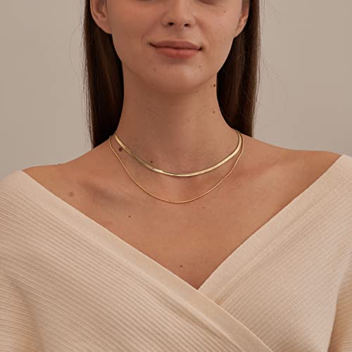 Layered Necklace for Women, Double Layer Snake Chain Necklace 14k Gold Plated Layering