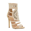 Women's Dress Sandal | Open Toe Embellished Rhinestone Jeweled Strappy Cuff | Stiletto Heel Sandals (8.5, Nude)