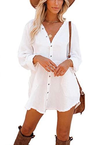 Women's Long Sleeve Button Down Tunic Dresses with Pockets,L,White