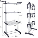 Bigzzia Clothes Drying Rack Folding Clothes Rail 3 Tier Clothes Horses Rack Stainless Steel Laundry Garment Dryer Stand with Two Side Wings Grey