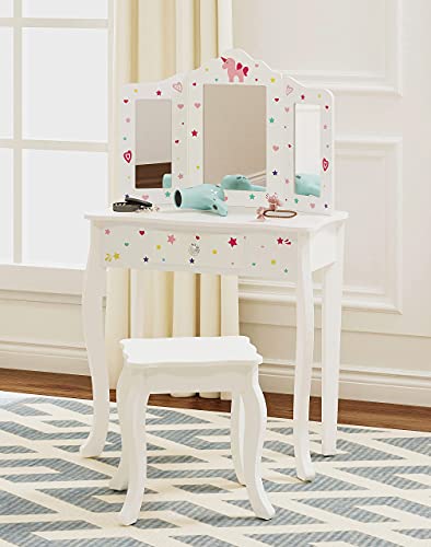 Pretend Play Kids Vanity Table and Chair Vanity Set with Mirror Makeup Dressing Table