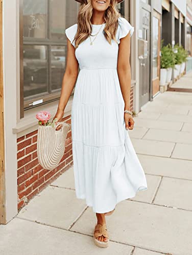 Women's Casual Short Sleeve Elastic Waist Tiered Midi Dress