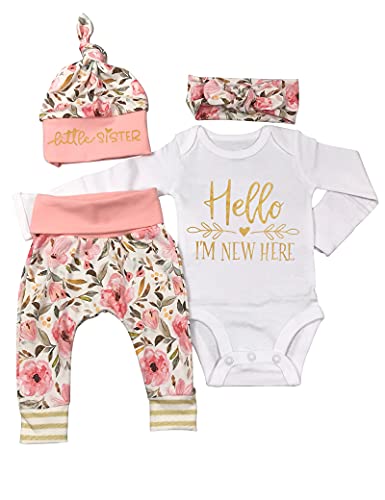 Newborn Baby Girl Clothes Ruffle Romper+Floral Pants+Hats+Headband Infant Girl Outfit Set 4PC Newborn