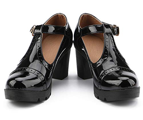 Women's Classic T-Strap Platform Mid-Heel Square Toe Oxfords Dress Shoes Black US Size