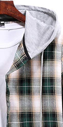 Men Hooded Plaid Shirts Button Splice Sweatshirt Long Sleeve Lattice Tops Green