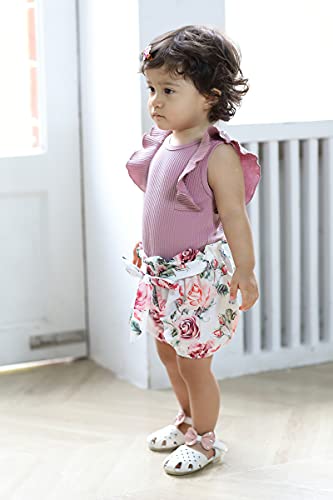 Baby Girl Clothes Infant Summer Outfits Set Ruffle Sleeve Romper and Floral Shorts with Headband (Sleeveless Purple, 90, 12_months)