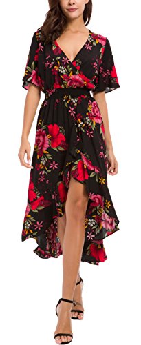 Womens Short Sleeve Floral High Low V-Neck Long Maxi Dress