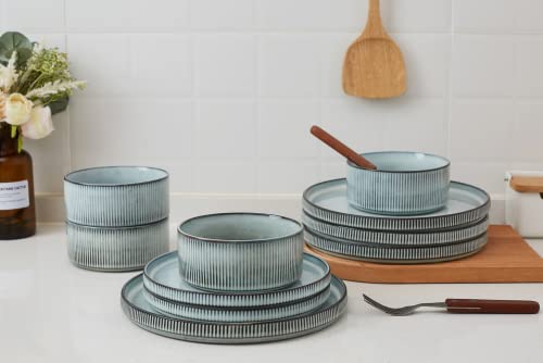 Dinnerware Sets, Plates and Bowls Set For 4, 12 Piece Dish Set, Smoky Blue