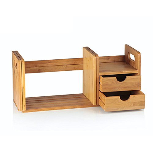 Natural Bamboo Desk Organizer with Extendable Storage and Two Drawers for Office