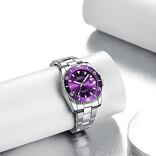 Womens Watches Purple Stainless Steel Waterproof Date Analog Quartz Watch