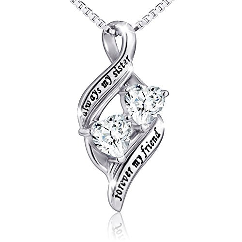 925 Sterling Silver Always My Sister Forever My Friend Double Love Heart Necklace