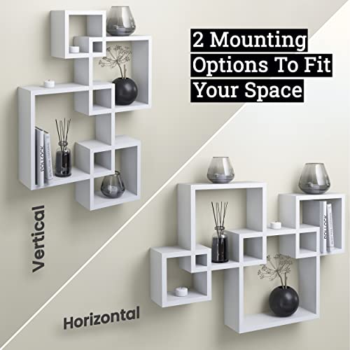 Natural Wood Floating Cube Shelves - Intersecting Wall Mounted Shelves