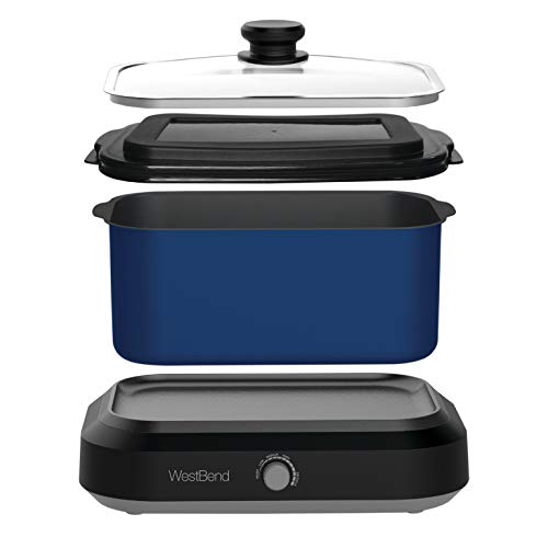 West Bend 87905B Large Capacity Non-stick Dishwasher Safe Variable Temperature Control Includes Travel Lid & Thermal Carrying Case, 5 quart, Blue