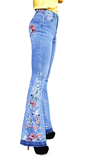 CHARTOU Womens Chic Floral Embroidered High-Rise Bell Bottom Flare Jeans