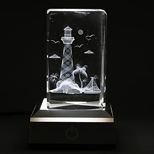 3D Laser Crystal Lighthouse Seabird Coast Crystal Figurine Collectibles with Night Light Stand Base