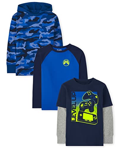 Boys' 3 Pack Long Sleeve Fashion T-Shirts, BLU Raglan/CAMO/Graphic