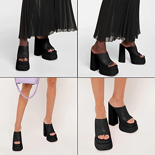 Womens Chunky High Heel Sandals Double Platform Slip On Slippers Open Square Toe