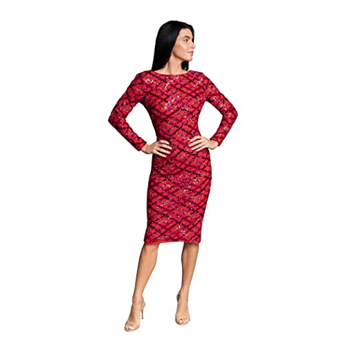 Women's Emery Long Sleeve Round Neck Low Back Bodycon Dress, Rouge RED Multi, Small