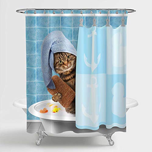 Funny Cat Bathroom Shower Curtain, Cartoon Pet Kitten Wearing Towel Cap