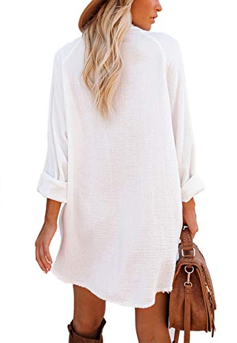 Women's Long Sleeve Button Down Tunic Dresses with Pockets,L,White