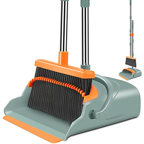 Broom and Dustpan Set for Home, Stand Up Broom and Dustpan (Green&Orange)