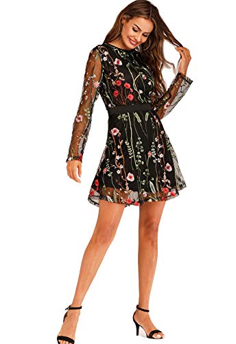 Women's Floral Embroidery Mesh Round Neck Tunic Party Dress