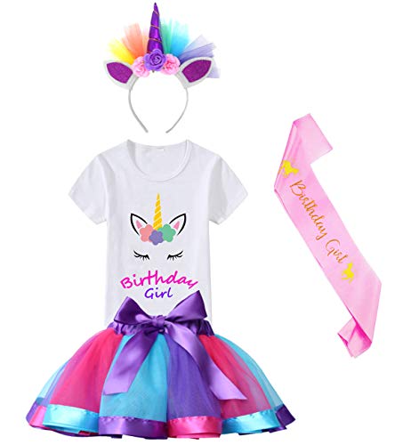 Little Girls Layered Tulle Rainbow Tutu Skirt with Unicorn T-Shirt,Headband and Birthday Sash (Deep Purple, 2-3T)