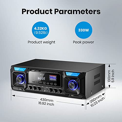 Audio Power Amplifier 330W 2 Channel, Bluetooth 5.0 Home Theater Stereo Receiver