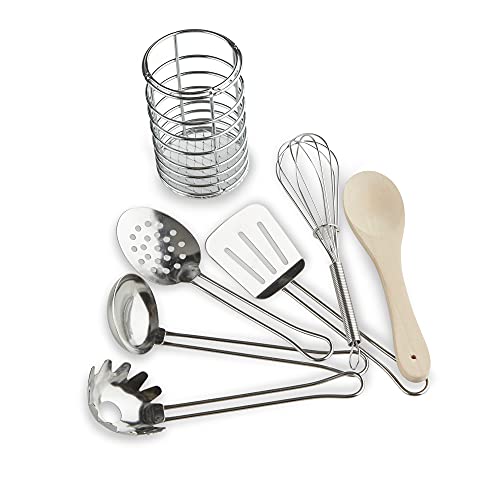 Melissa & Doug Stir and Serve Cooking Utensils (7 pcs) - Stainless Steel and Wood