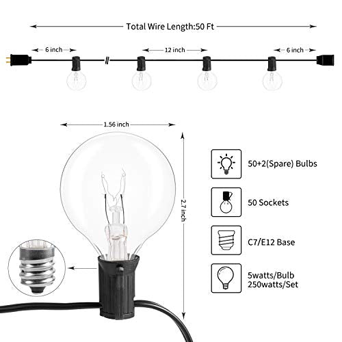 Outdoor String Light 50Feet G40 Globe Patio Lights with 52 Edison Glass Bulbs(2 Spare)