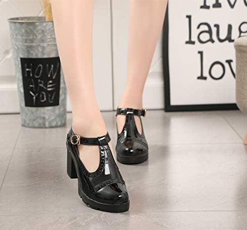 Women's Classic T-Strap Platform Mid-Heel Square Toe Oxfords Dress Shoes Black US Size