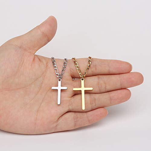Cross Necklace for Men Figaro Chain Stainless Steel Plain Polished Cross Pendant