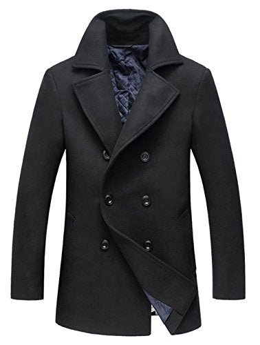 Men's Classic Notched Collar Double Breasted Wool Blend Pea Coat (X-Large, Black)