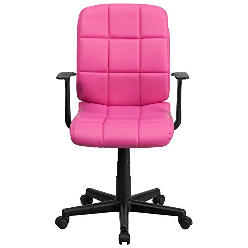 Mid-Back Pink Quilted Vinyl Swivel Task Office Chair with Arms