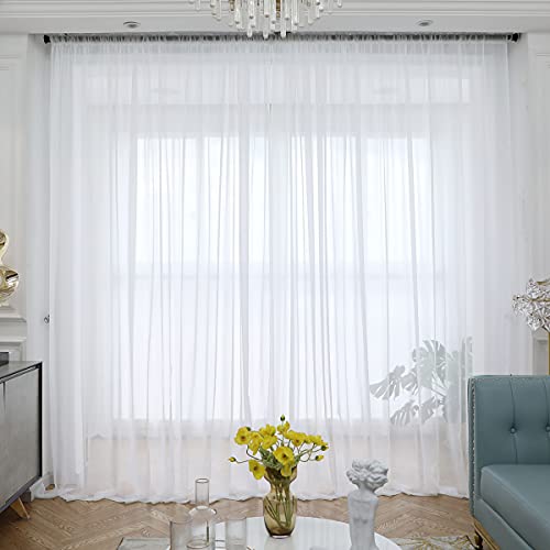 White Sheer Curtains 84 Inches Long 2 Panels,Rod Pocket Semi Sheer Window Curtains