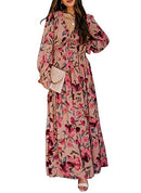Womens Casual Floral Deep V Neck Long Sleeve Long Evening Dress Cocktail Party